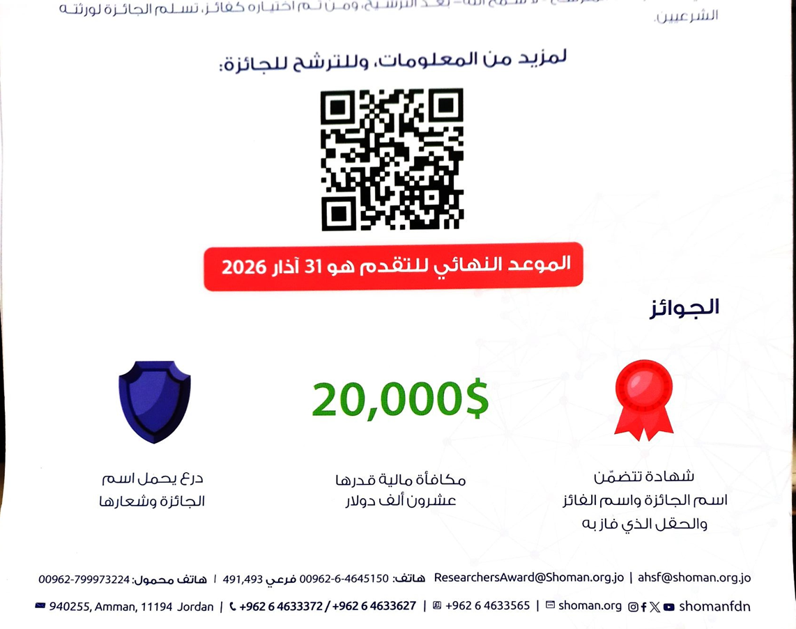 Call for Applications- Abdul Hameed Shoman Award for Arab Researchers