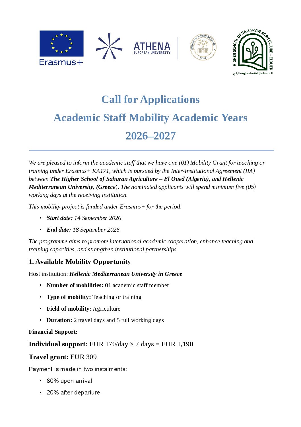 Call for Applications Academic Staff Mobility Academic Years 2026–2027