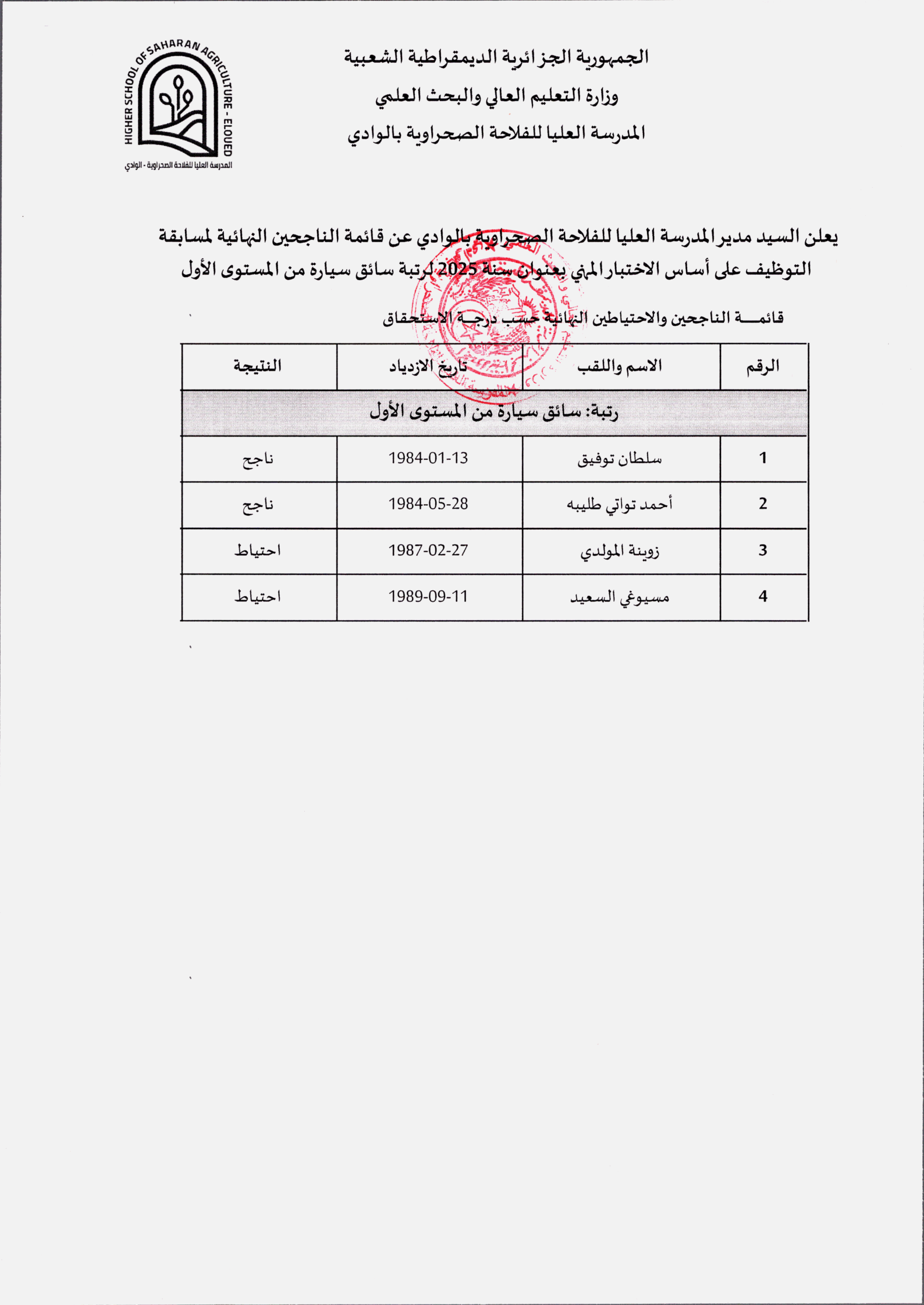 قائمة الناجحين في مسابقة التوظيف 2025 سائق